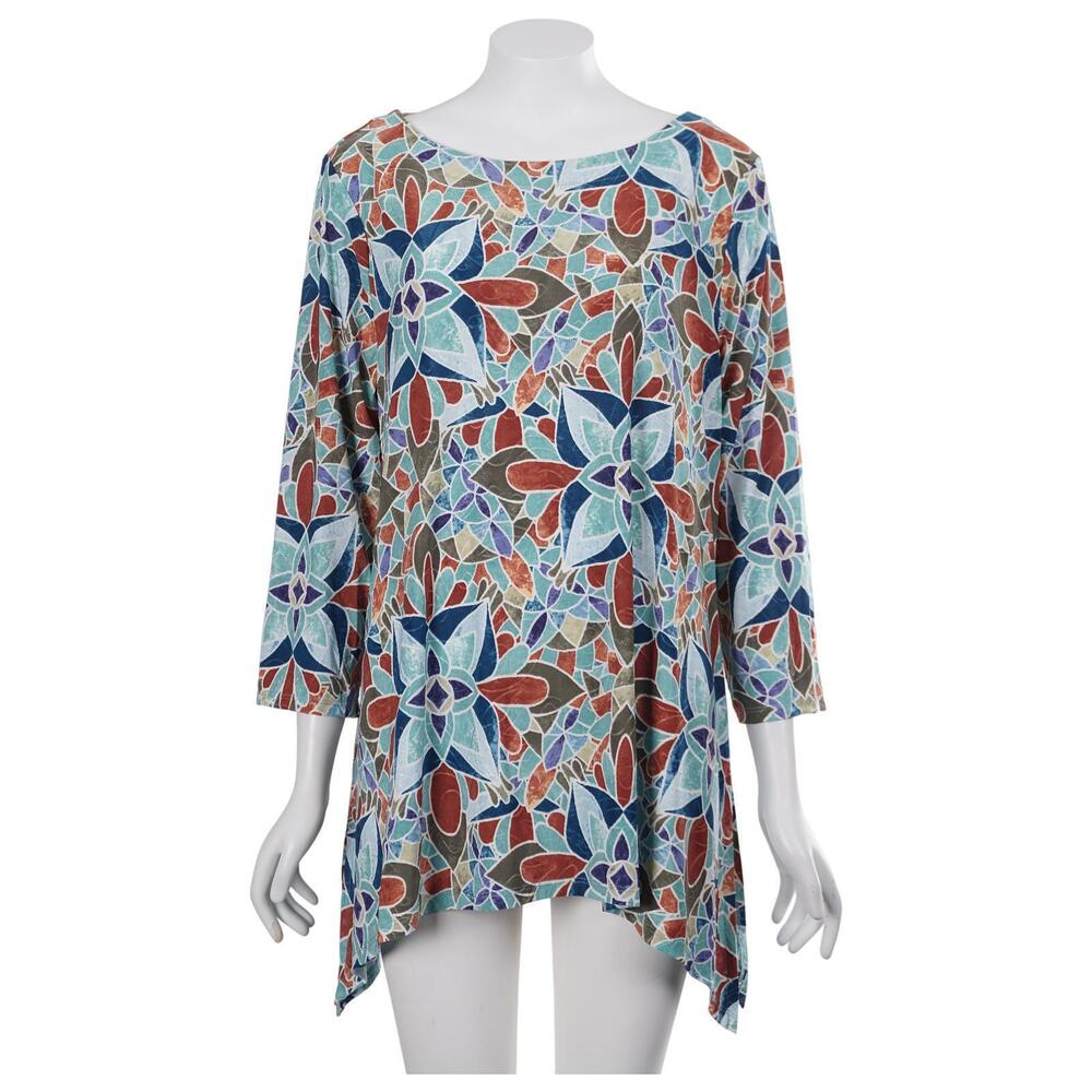NWT JM Collection Tunic Top L Mosaic Print 3/4 Sleeve Stretch Pullover Casual